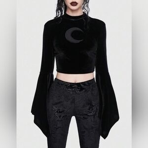 ROMWE Black Velvet Crescent Crop Top with Flared Sleeves